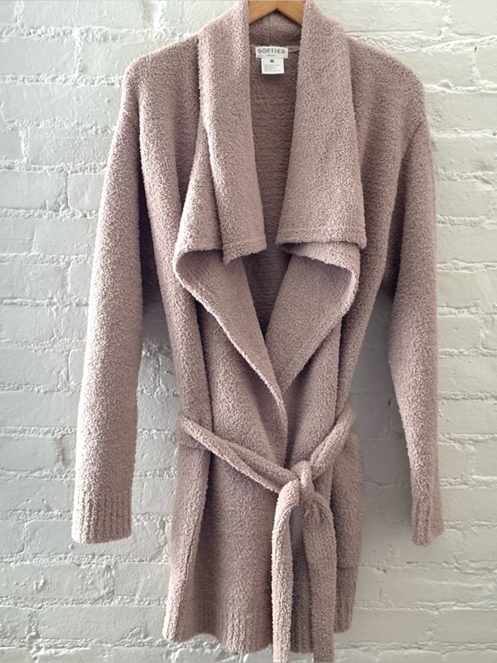 Softies Oversized Plush Cardigan Tan Marshmellow Wrap Pockets Belt Leisure S/M